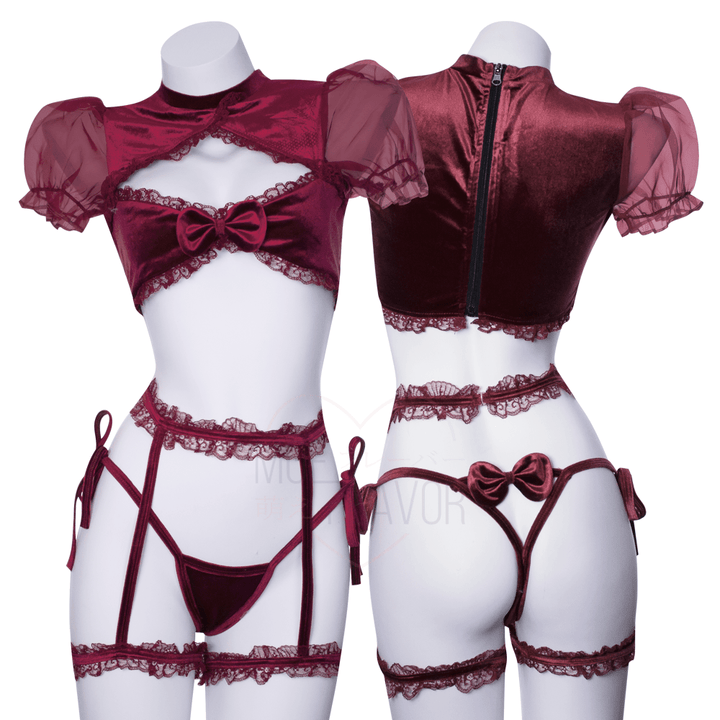 Burgundy Velvet Lace Sweetheart Lingerie - MOEFLAVOR - Waifu Inspired Fashion and Lingerie Store