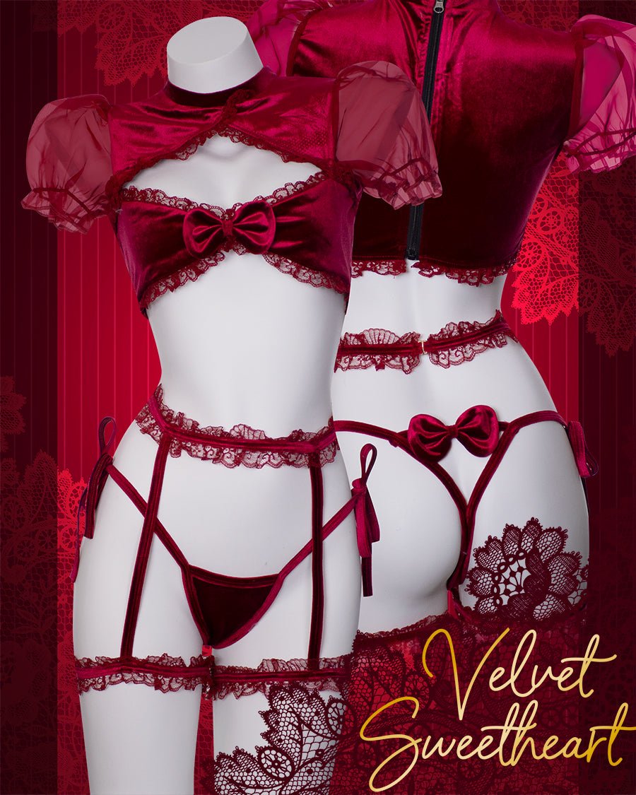 Burgundy Velvet Lace Sweetheart Lingerie - MOEFLAVOR - Waifu Inspired Fashion and Lingerie Store