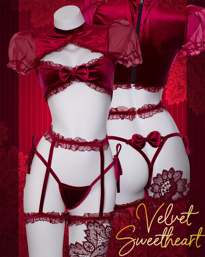 Burgundy Velvet Lace Sweetheart Lingerie - MOEFLAVOR - Waifu Inspired Fashion and Lingerie Store