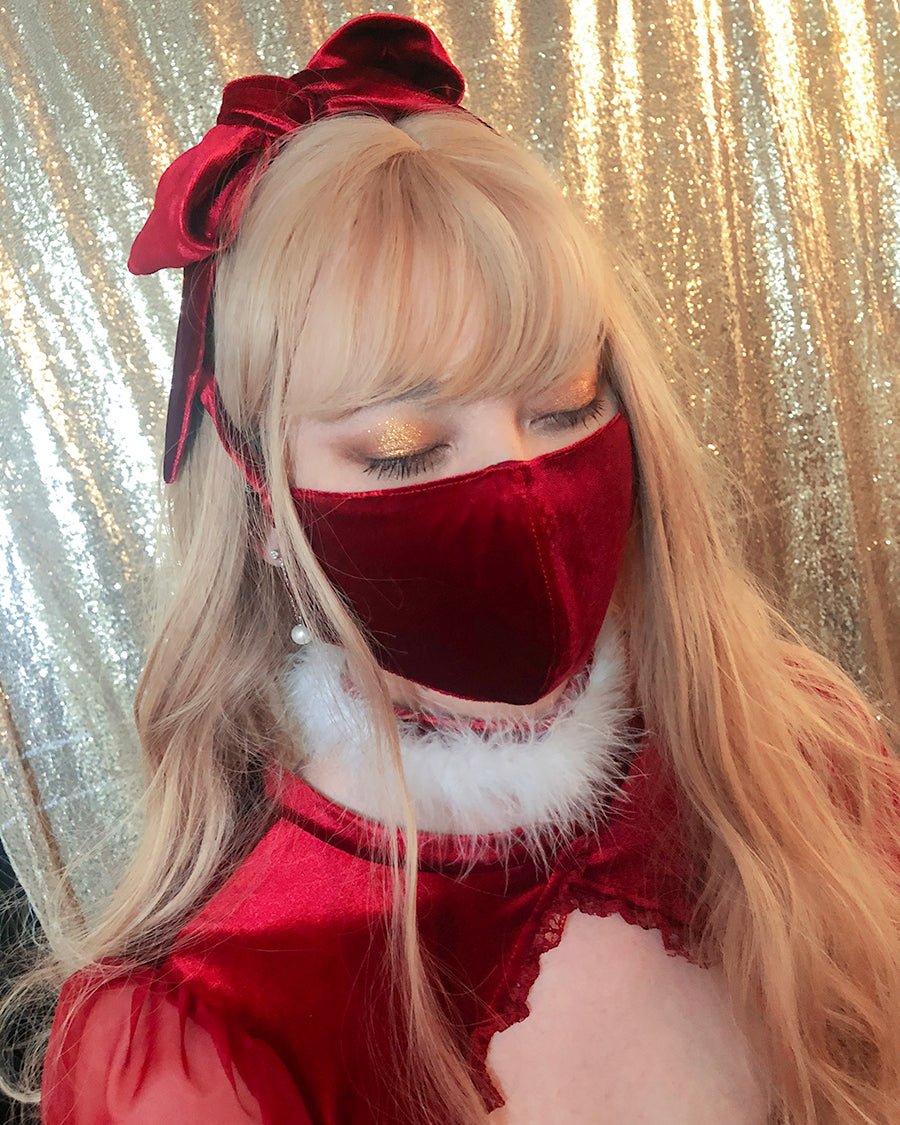 Burgundy Velvet Bow Face Mask - MOEFLAVOR - Waifu Inspired Fashion and Lingerie Store