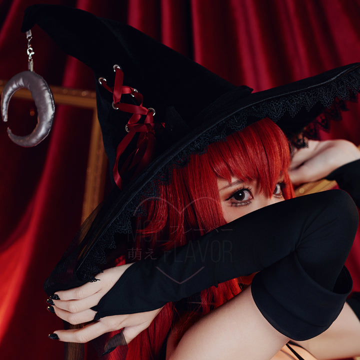 Blood Moon Witch Hat by MOEFLAVOR, a high-quality fabric witch hat featuring a hanging moon at the tip and red ribbon laced along the side, adding a mystical touch for any enchanting anime-inspired character