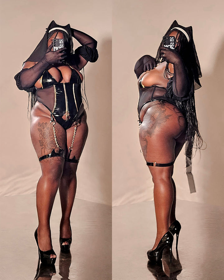 Gold Drip Nun Chain Bodysuit by MOEFLAVOR, featuring a gold and black vinyl design with a micro bust, cross pendant near the crotch, mesh long gloves, and a collar with two hanging cross pendants