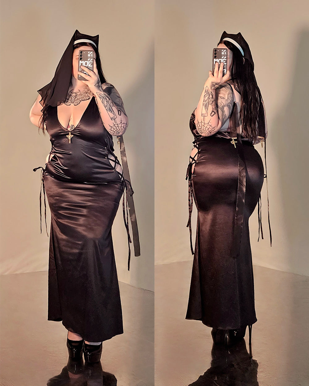 Gold Drip Nun Chain Dress by MOEFLAVOR, a sleek satin design with a draped back and delicate hanging cross pendants for an elegant yet edgy look