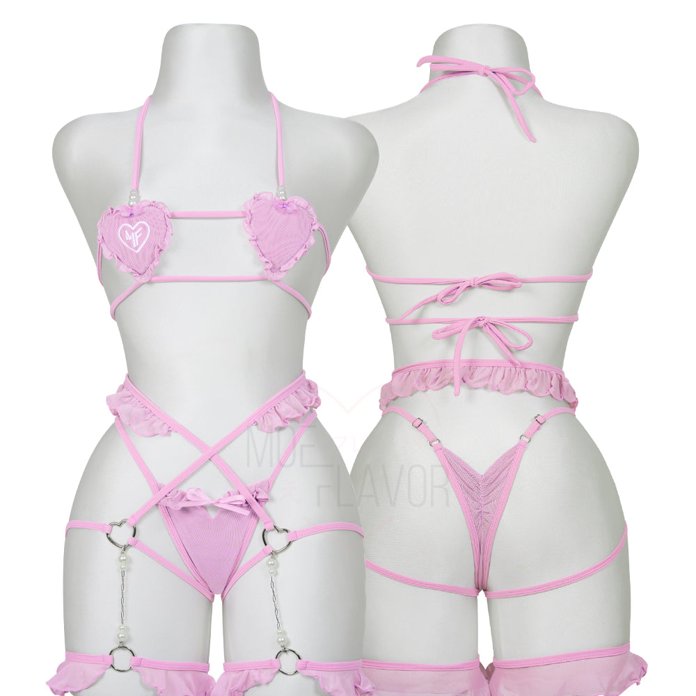 Heart Blush Lingerie by MOEFLAVOR, featuring a heart top, criss-cross waist, garters, chains, and pearls, available in purple or blue. Adjustable and stretchy for ultimate confidence and sensuality.