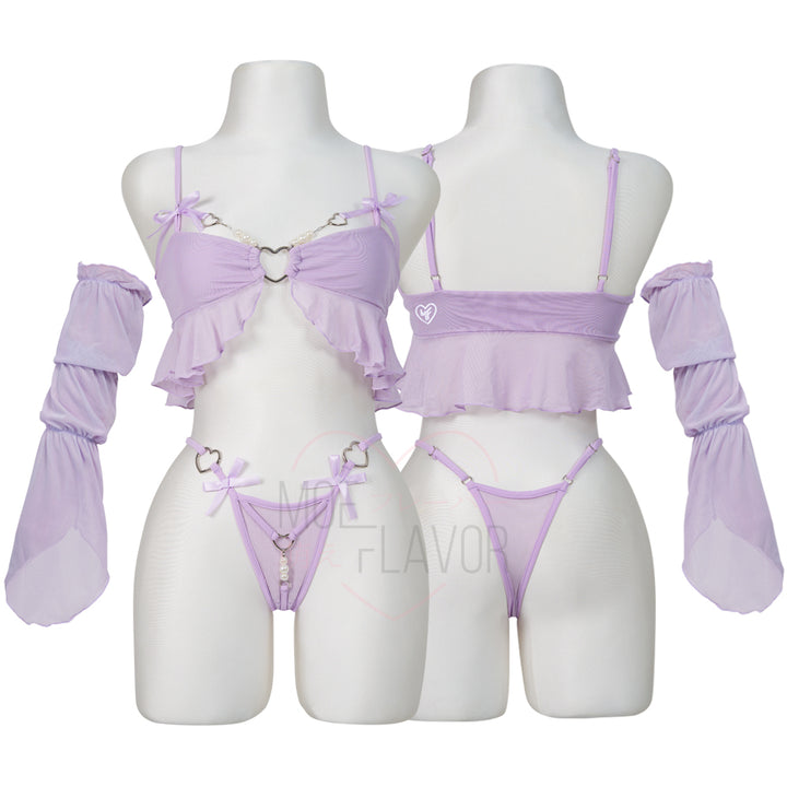 Princess Blush Lingerie by MOEFLAVOR, featuring a pearl chain, playful bow, metal heart, sheer sleeves, and pearl-accented adjustable underwear. Available in purple or blue, perfect for special moments.