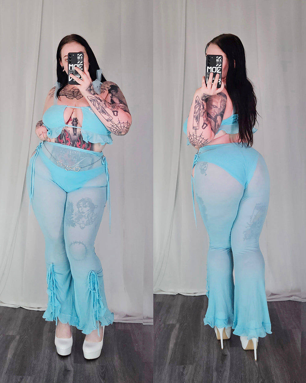 Pastel-coquette-kawaii-pearl-top-flared-pants-6-mirror MOEFLAVOR - Waifu Inspired Fashion and Lingerie Store