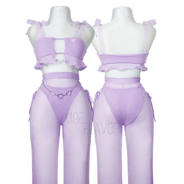 Angel Blush Outfit by MOEFLAVOR, featuring an open top with sheer ribbon straps, sheer pants with ribbon-laced sides and ruffled hems, and a silver chain heart belt. Available in purple or blue.