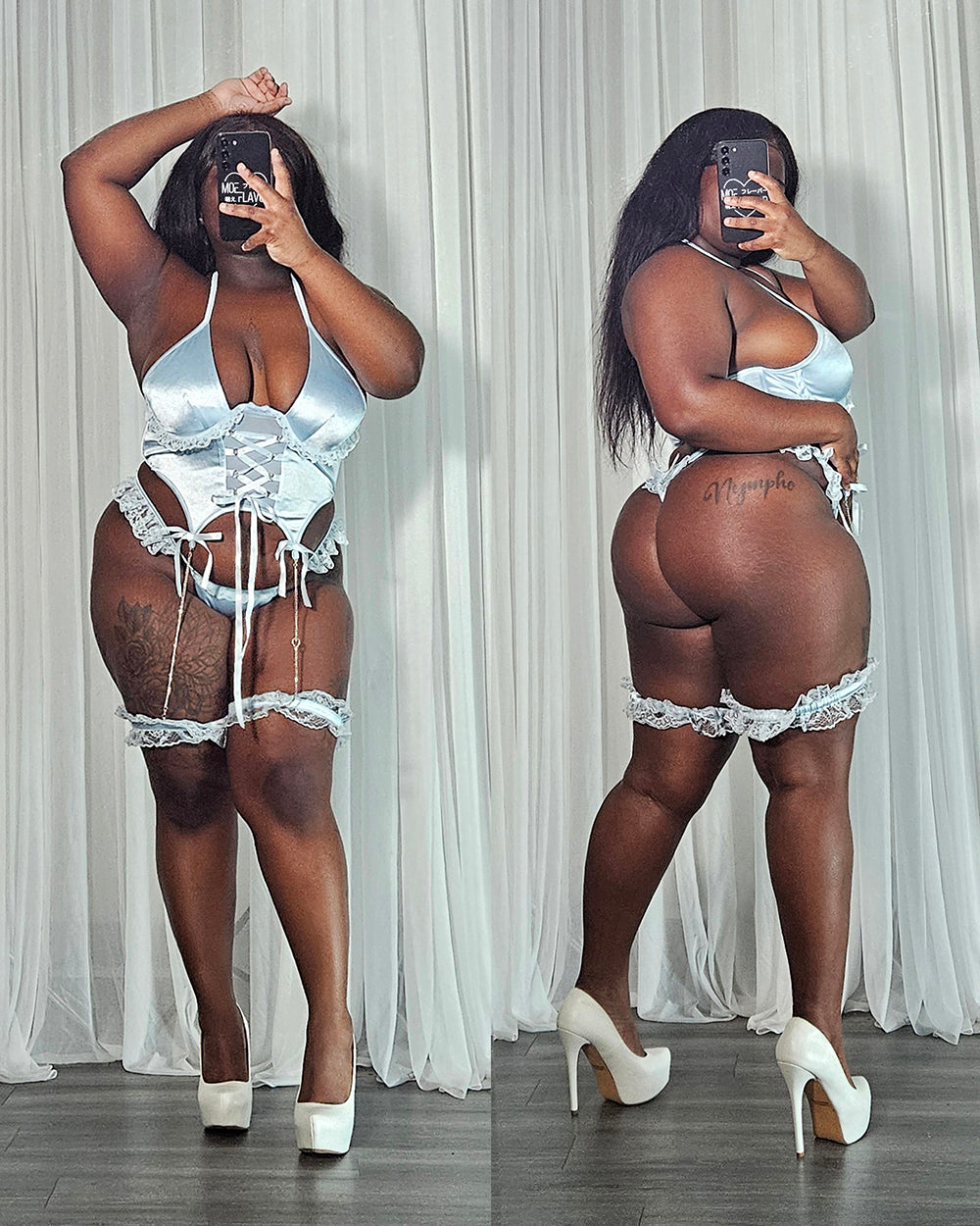 Love Halo Lingerie by MOEFLAVOR, featuring a satin bustier with heart-shaped rings and embroidered angel wings on the adjustable bottoms, blending sweet and sultry with anime and cosplay inspiration in a refined, wearable style.