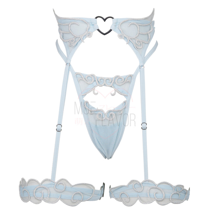 Ethereal Lingerie by MOEFLAVOR, featuring a cosplay kawaii sheer mesh and stunning embroidery with a daring demi bra, angel wing embroidery on the waist piece, attached garters, and silver embroidery for a touch of sparkle, inspired by anime and cosplay for a sleek aesthetic.