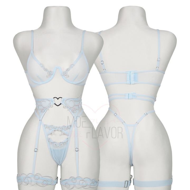 Ethereal Lingerie by MOEFLAVOR, featuring a cosplay kawaii sheer mesh and stunning embroidery with a daring demi bra, angel wing embroidery on the waist piece, attached garters, and silver embroidery for a touch of sparkle, inspired by anime and cosplay for a sleek aesthetic.