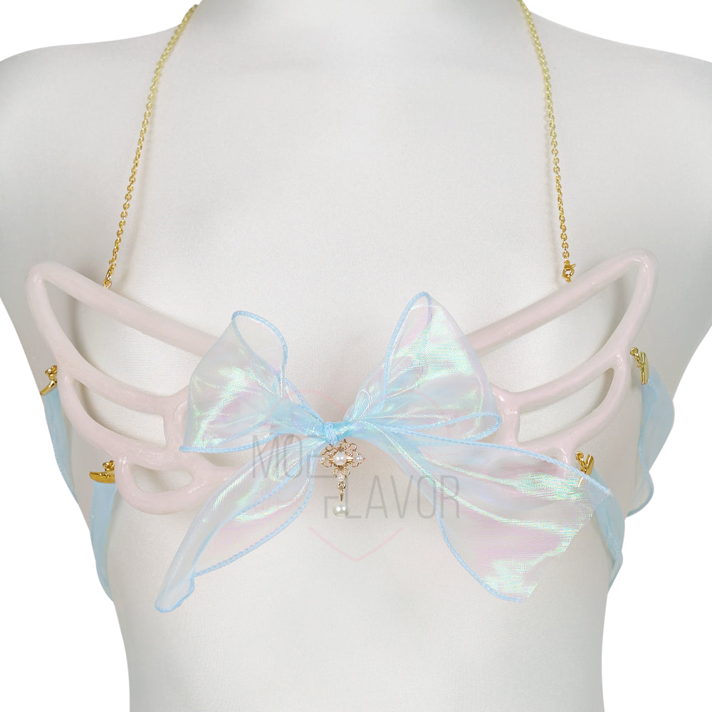 Angel Wings Bra by MOEFLAVOR, featuring resin angel wings with a delicate pendant at the center, soft ribbons for a comfortable tie, blending ethereal charm with bold style.