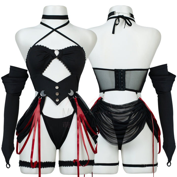 Moonlit Ritual Witch Lingerie by MOEFLAVOR. A mystical black lingerie set with adjustable underwear, moon pendants draped in red ribbons, and long mesh gloves, creating a seductive, witchy vibe