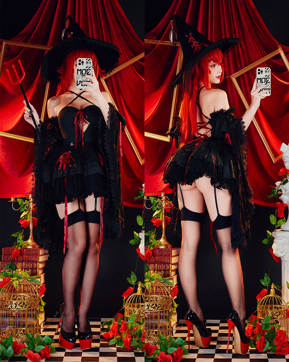 Blood Moon Laced Witch Dress by MOEFLAVOR, a puffy black dress with lace sleeves, red ribbons, crystal chains, and moon pendants for a mystical vibe