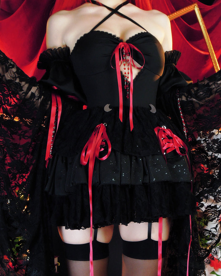 Blood Moon Laced Witch Dress by MOEFLAVOR, a puffy black dress with lace sleeves, red ribbons, crystal chains, and moon pendants for a mystical vibe