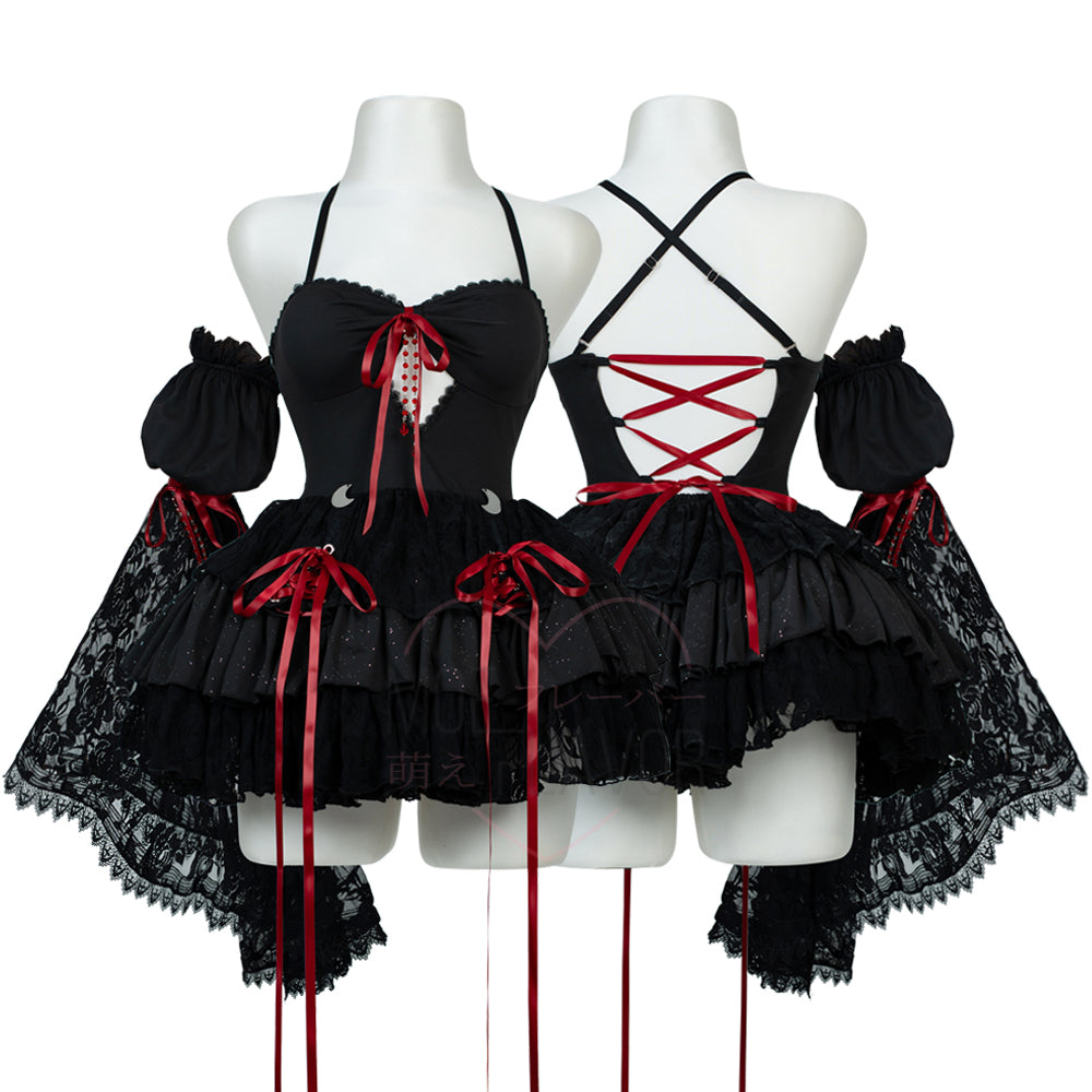 Blood Moon Laced Witch Dress by MOEFLAVOR, a puffy black dress with lace sleeves, red ribbons, crystal chains, and moon pendants for a mystical vibe