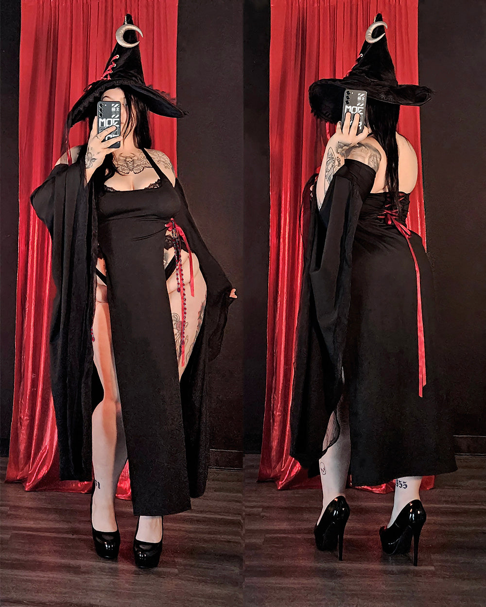 Witching Hour Dress by MOEFLAVOR, a dramatic black gown with oversized sleeves, open hip slits, red ribbon lace at the waist, and red crystal chain details for a magical allure