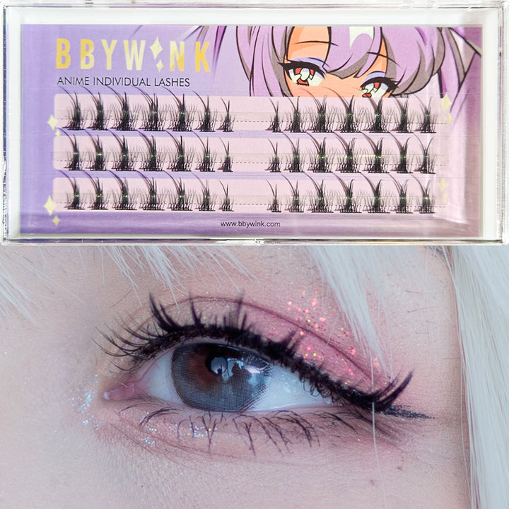 BBYWINK Anime Individual Lashes by BBYWINK, designed for a spiky anime look, featuring cluster lashes that add depth and drama while maintaining a natural appearance, perfect for cosplay or anime-inspired styles.