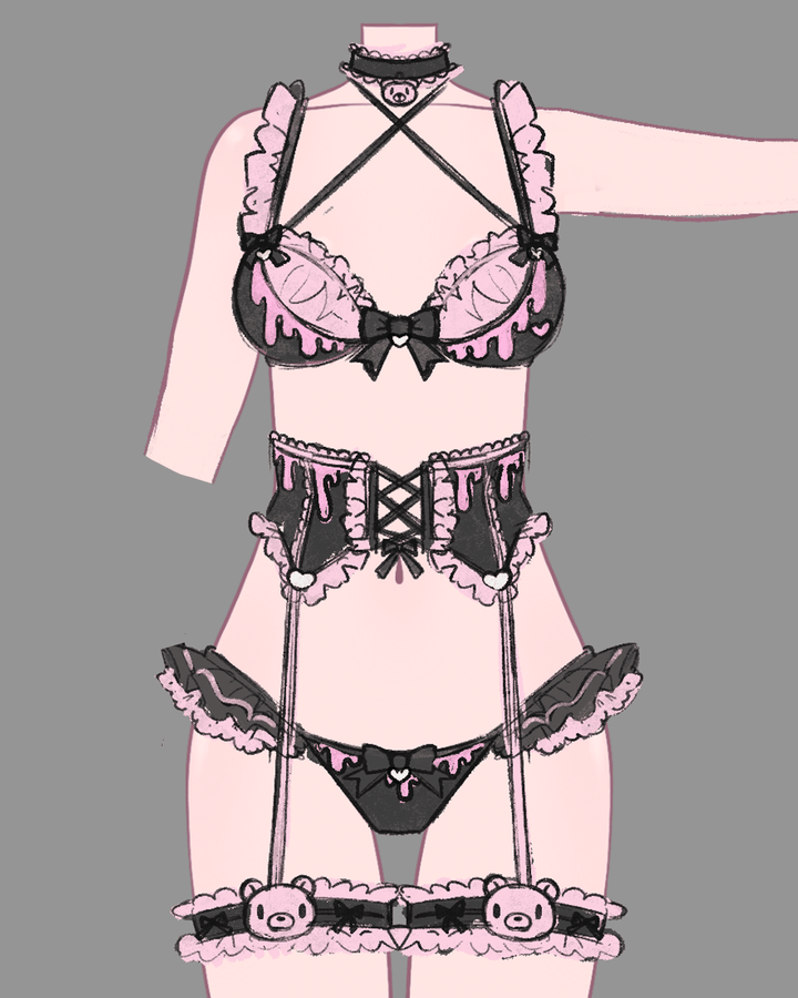 Gloomy Bear Jirai Kei Pink Blood and Black Top/Waist and Underwear - MOEFLAVOR - Japanese - Inspired Lingerie & Anime Fantasywear