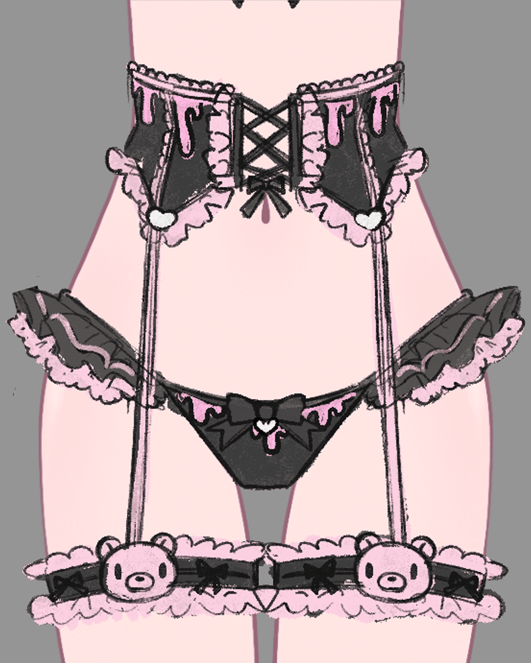 Gloomy Bear Jirai Kei Pink Blood and Black Top/Waist and Underwear - MOEFLAVOR - Japanese - Inspired Lingerie & Anime Fantasywear
