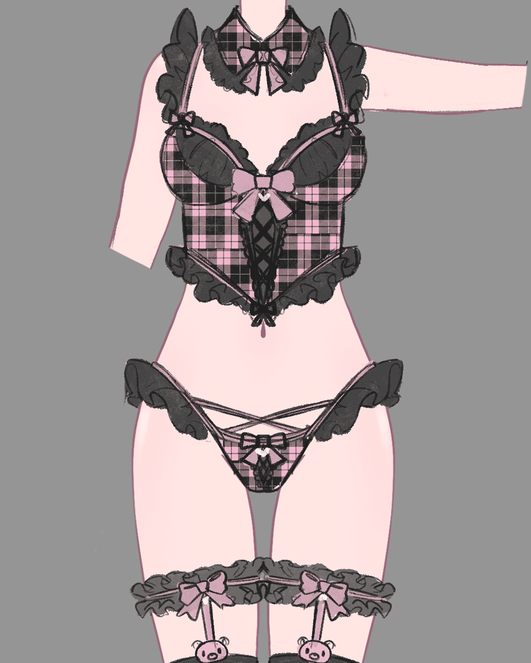 Gloomy Bear Jirai Kei Plaid Corset Top/Underwear - MOEFLAVOR - Japanese - Inspired Lingerie & Anime Fantasywear