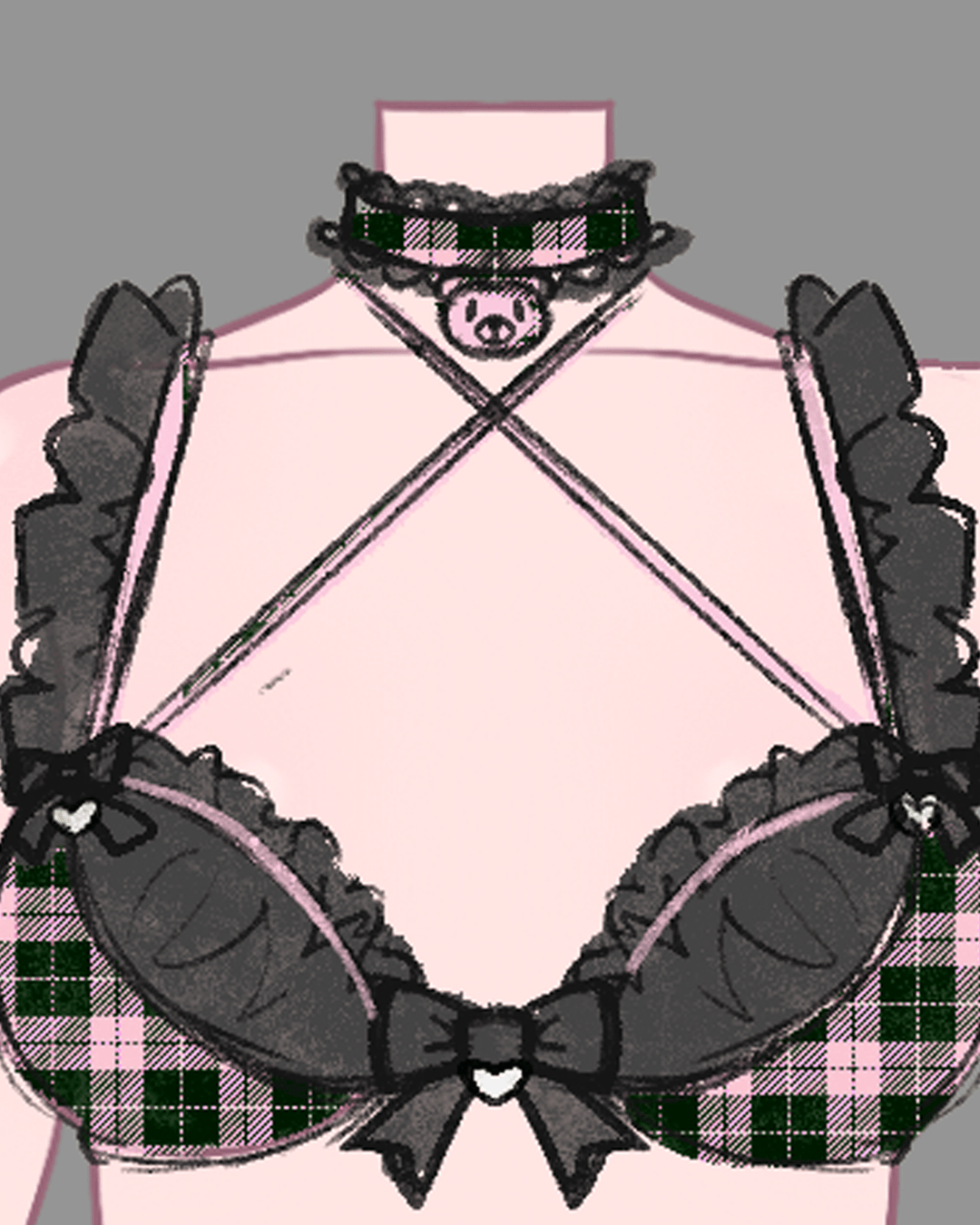 Gloomy Bear Jirai Kei Plaid Top/Waist and Underwear - MOEFLAVOR - Japanese - Inspired Lingerie & Anime Fantasywear