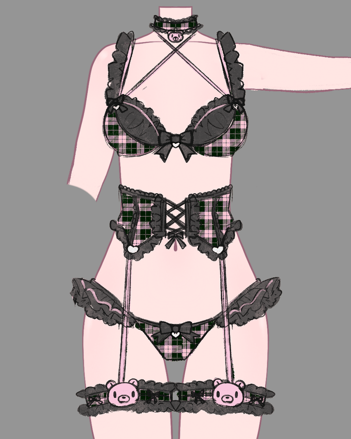 Gloomy Bear Jirai Kei Plaid Top/Waist and Underwear - MOEFLAVOR - Japanese - Inspired Lingerie & Anime Fantasywear