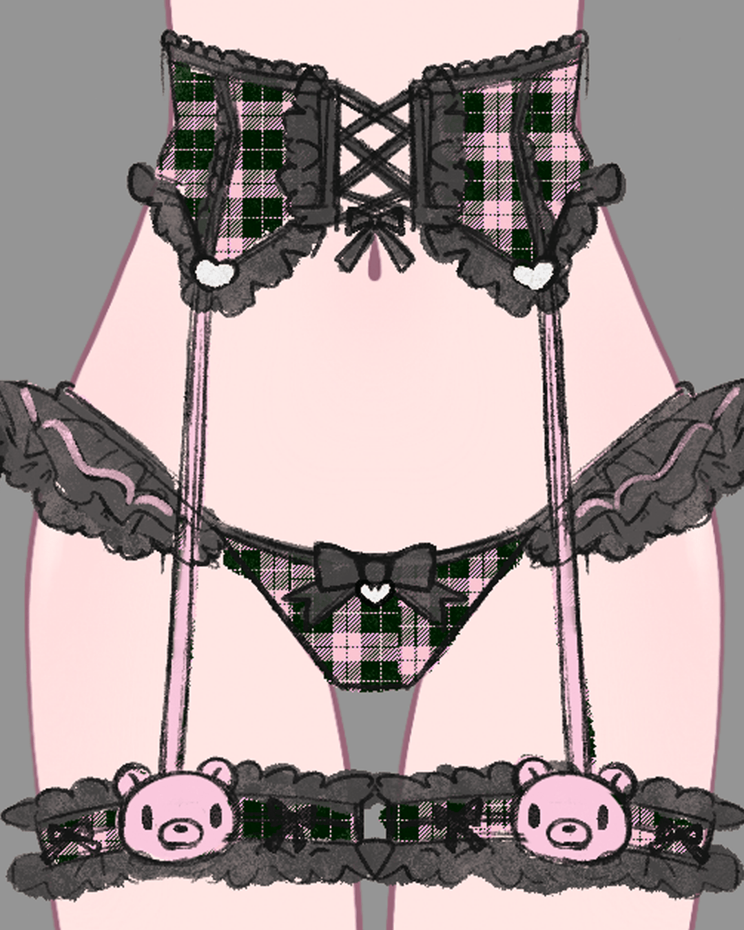 Gloomy Bear Jirai Kei Plaid Top/Waist and Underwear - MOEFLAVOR - Japanese - Inspired Lingerie & Anime Fantasywear