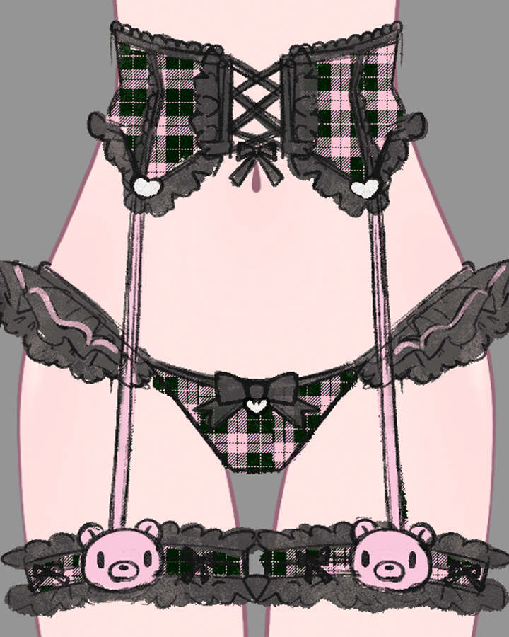 Gloomy Bear Jirai Kei Plaid Top/Waist and Underwear - MOEFLAVOR - Japanese - Inspired Lingerie & Anime Fantasywear