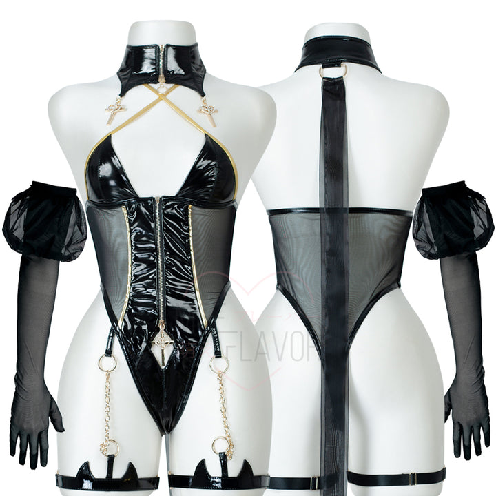 Gold Drip Nun Chain Bodysuit by MOEFLAVOR, featuring a gold and black vinyl design with a micro bust, cross pendant near the crotch, mesh long gloves, and a collar with two hanging cross pendants