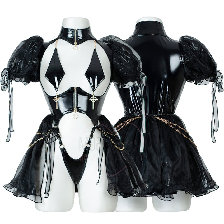 Gold Drip Nun Chain Dress Lingerie by MOEFLAVOR, featuring a black vinyl dress with a petticoat for a puffy silhouette, voluminous sleeves, a daring bust design with hanging fabric and cross pendants, and adjustable underwear for a perfect fit