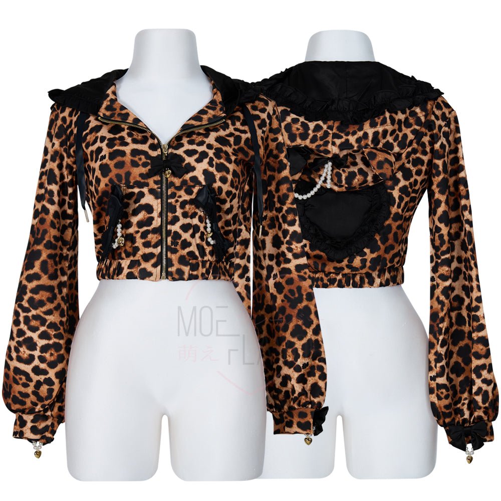 Gyaru Bow Kitty Leopard Hoodie - MOEFLAVOR - Japanese-Inspired Lingerie & Anime Cosplay Fantasywear