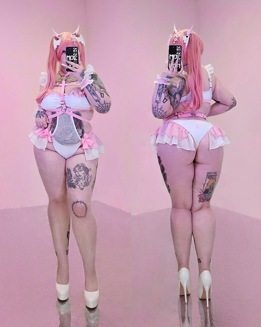 Ironmouse Magical Girl Swimsuit by MOEFLAVOR, a pink and white one-piece with ruffles, removable padded top, pink straps with bows, and a dainty bell collar, blending style and fantasy. Officially licensed collaboration with VSHOJO.