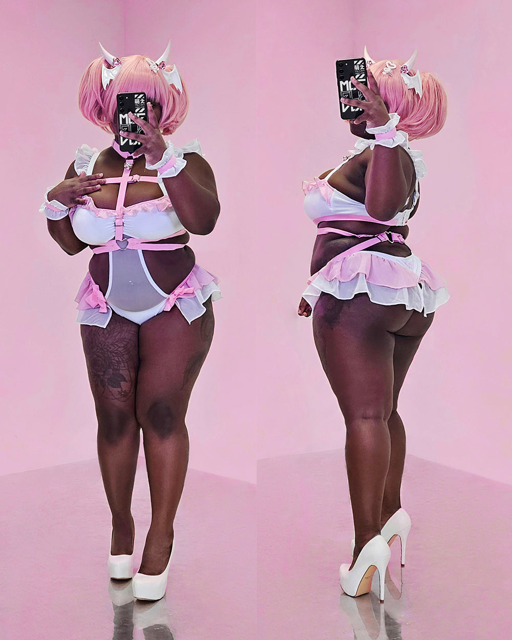 Ironmouse Magical Girl Swimsuit by MOEFLAVOR, a pink and white one-piece with ruffles, removable padded top, pink straps with bows, and a dainty bell collar, blending style and fantasy. Officially licensed collaboration with VSHOJO.