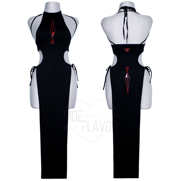 Slice Black Dress by MOEFLAVOR, featuring an elongated black maxi design with open sides, emphasizing the hips and leg, and a kunai knife detail at the chest and back.