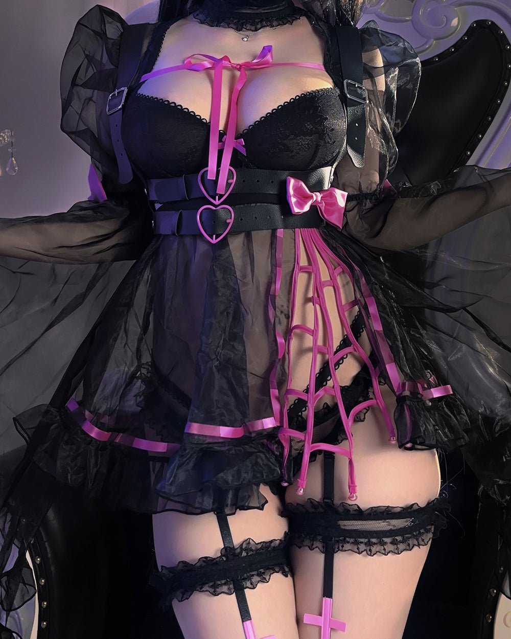 Pre - Order Goth Angel Ruffled Lace Sheer Dress - MOEFLAVOR - Japanese - Inspired Lingerie & Anime Cosplay Fantasywear