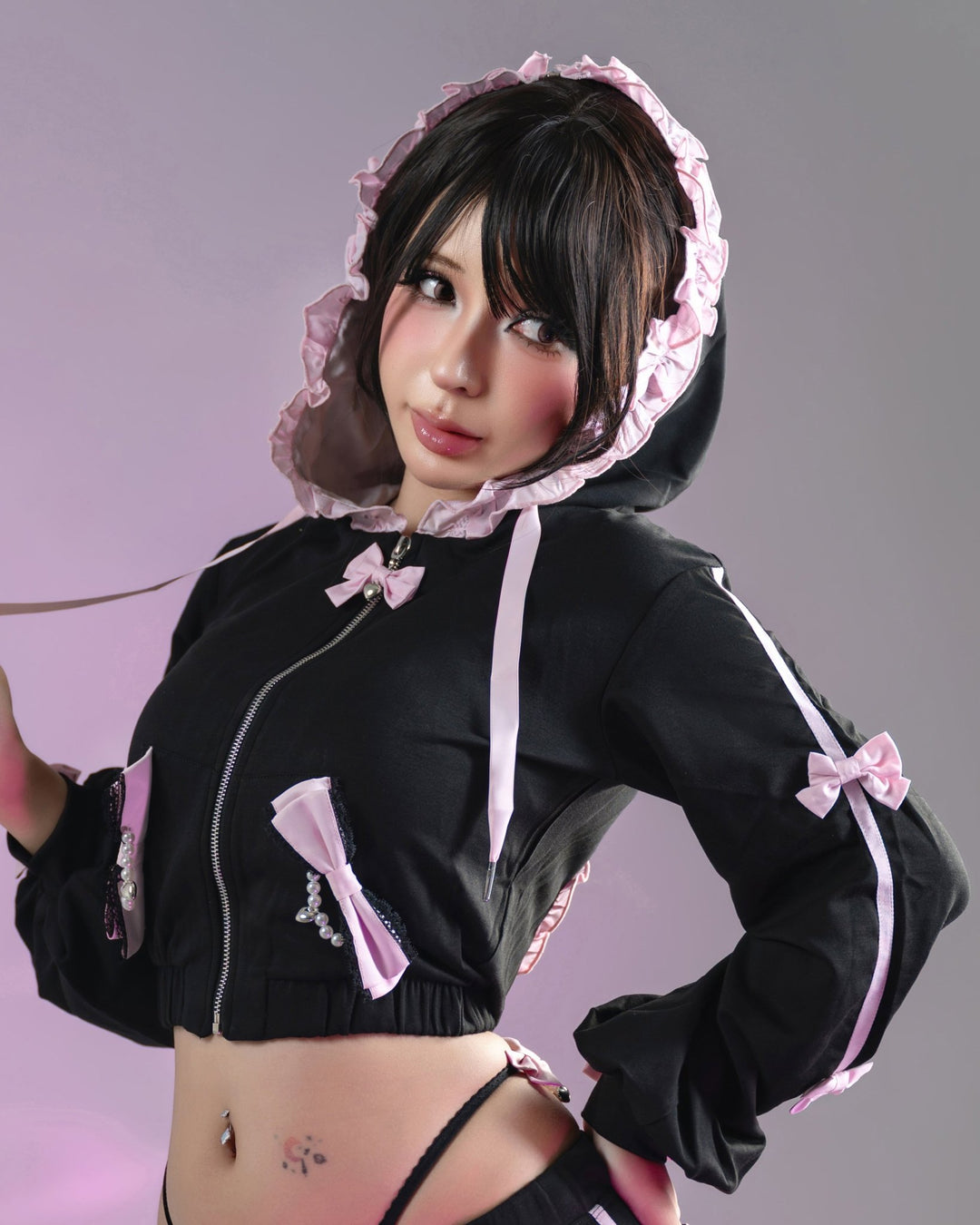 Pre-Order Jirai Kei Bow Track Hoodie - MOEFLAVOR - Japanese-Inspired Lingerie & Anime Cosplay Fantasywear