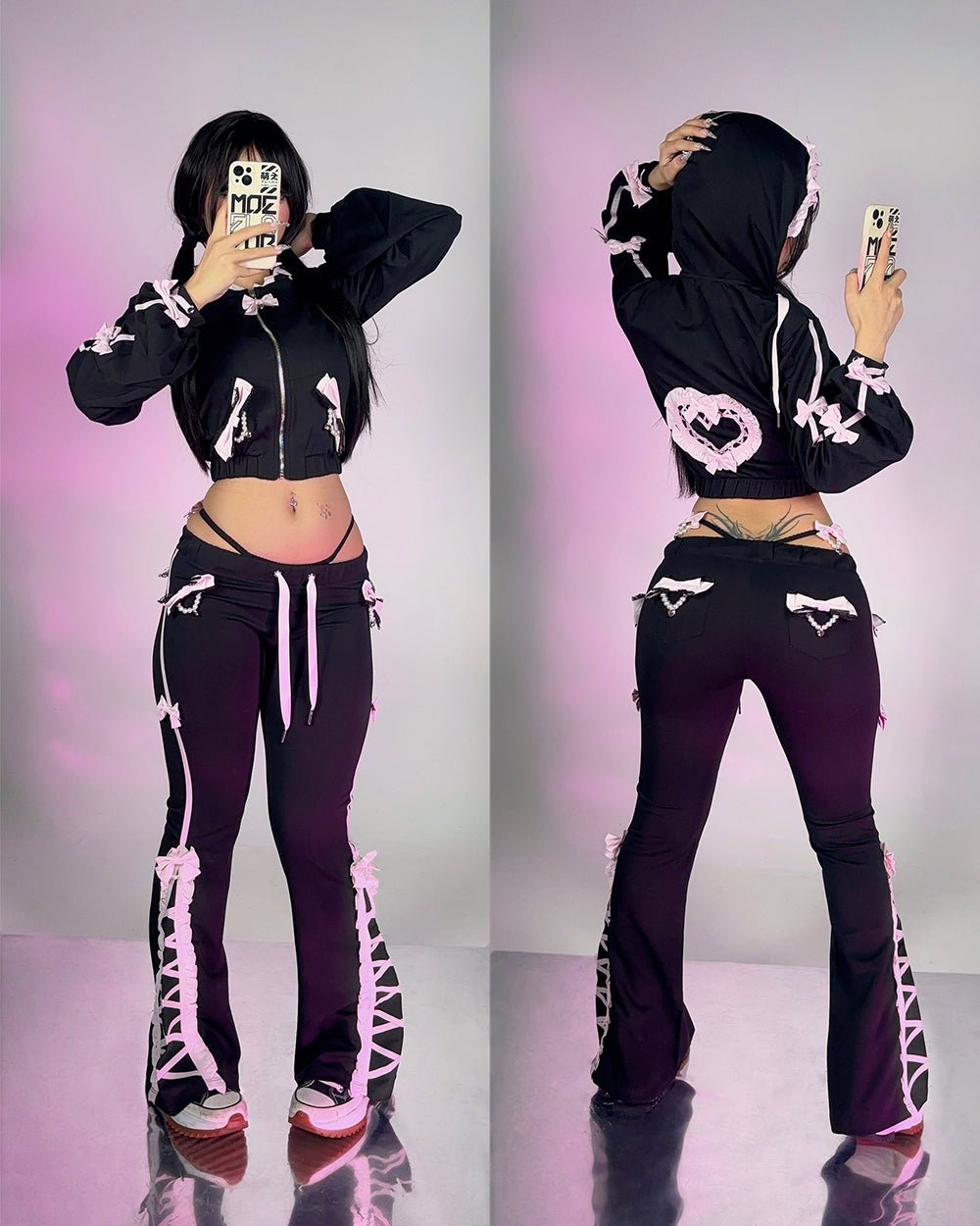 Pre-Order Jirai Kei Bow Track Pants - MOEFLAVOR - Japanese-Inspired Lingerie & Anime Cosplay Fantasywear