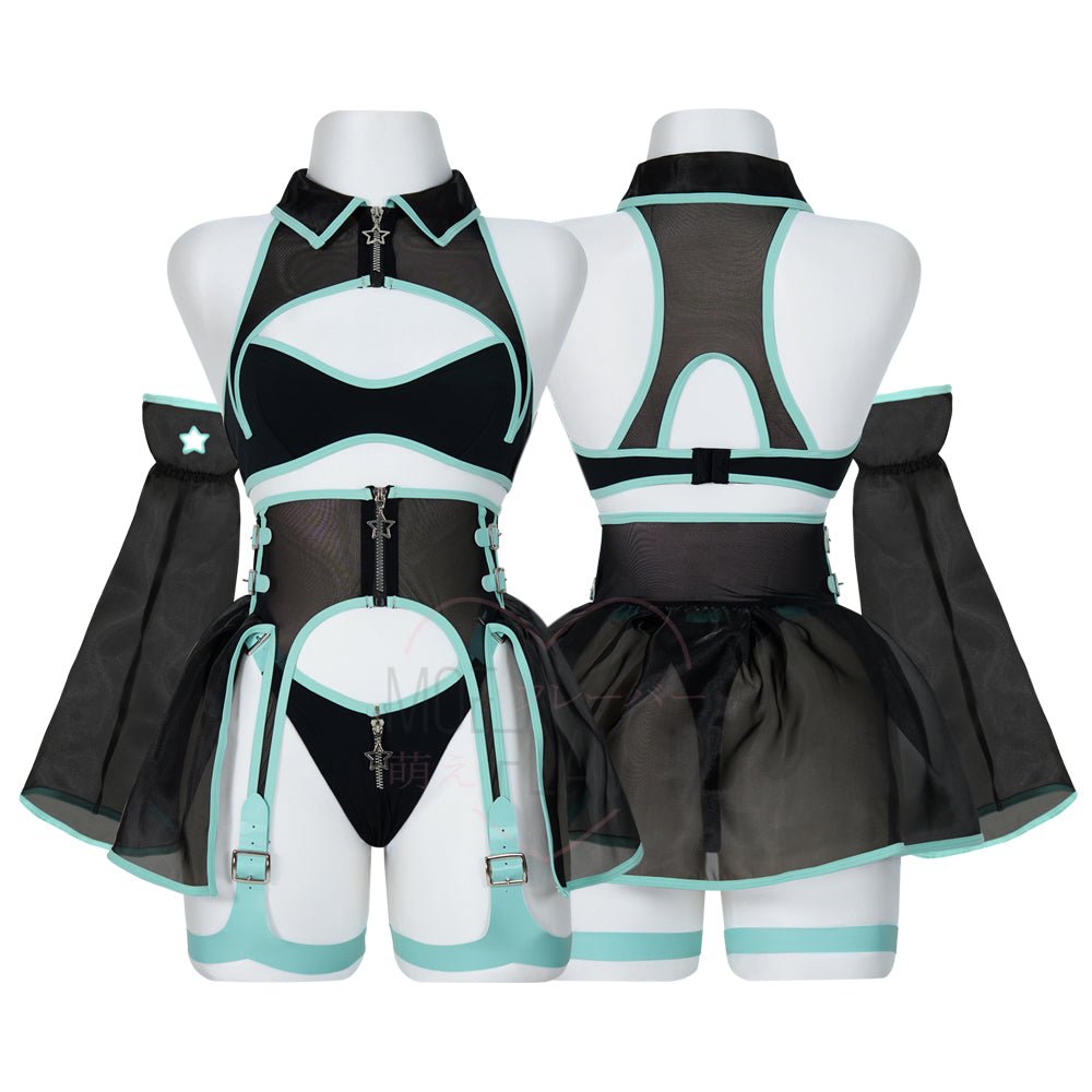 Pre-Order Pixel Kiss - Mesh Cyber Girl Lingerie Dress with Garters - MOEFLAVOR - Japanese-Inspired Lingerie & Anime Cosplay Fantasywear