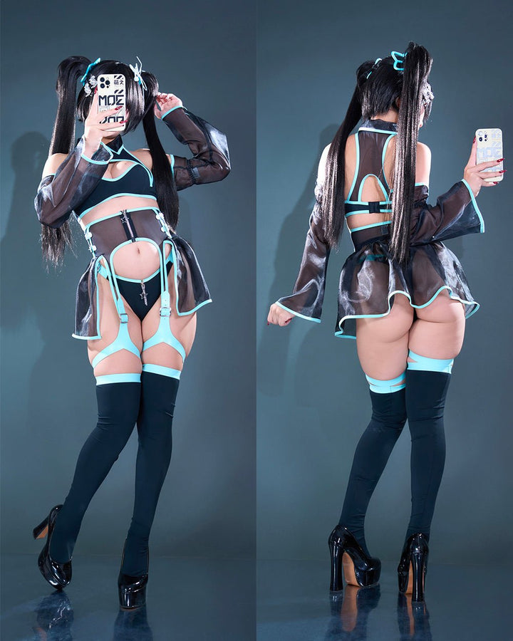 Pre-Order Pixel Kiss - Mesh Cyber Girl Lingerie Dress with Garters - MOEFLAVOR - Japanese-Inspired Lingerie & Anime Cosplay Fantasywear