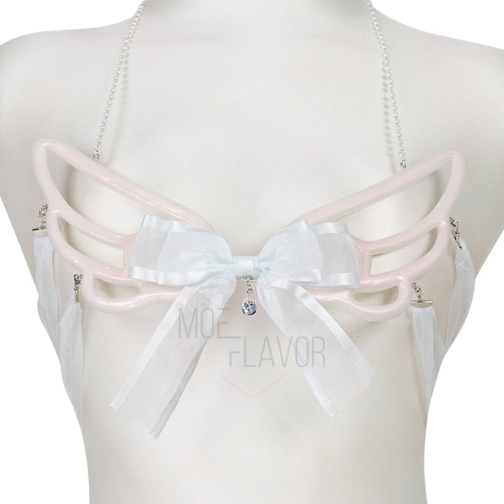 Angel Wings Bra by MOEFLAVOR, featuring resin angel wings with a delicate pendant at the center, soft ribbons for a comfortable tie, blending ethereal charm with bold style.