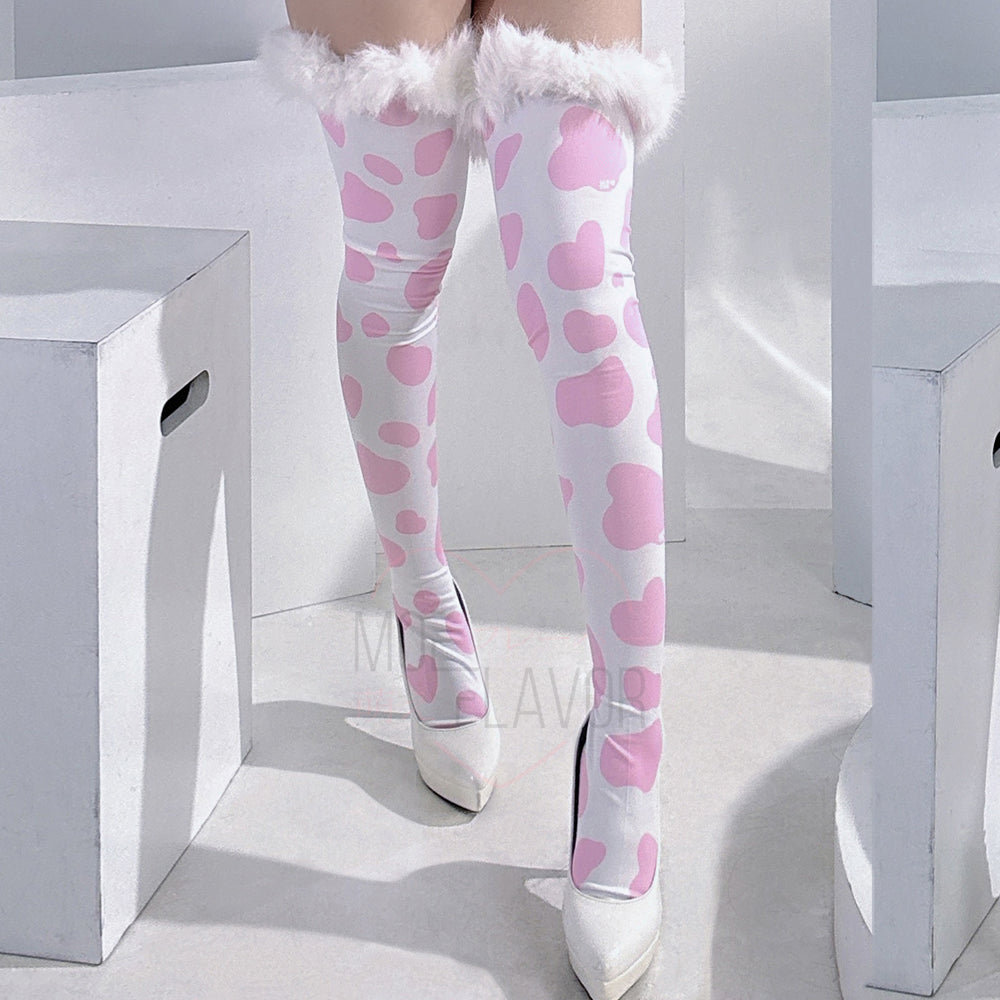 Winter Plush Cow Stockings by MOEFLAVOR, pastel pink cow print thigh-highs with fluffy faux fur trim, adding a unique touch to your style.