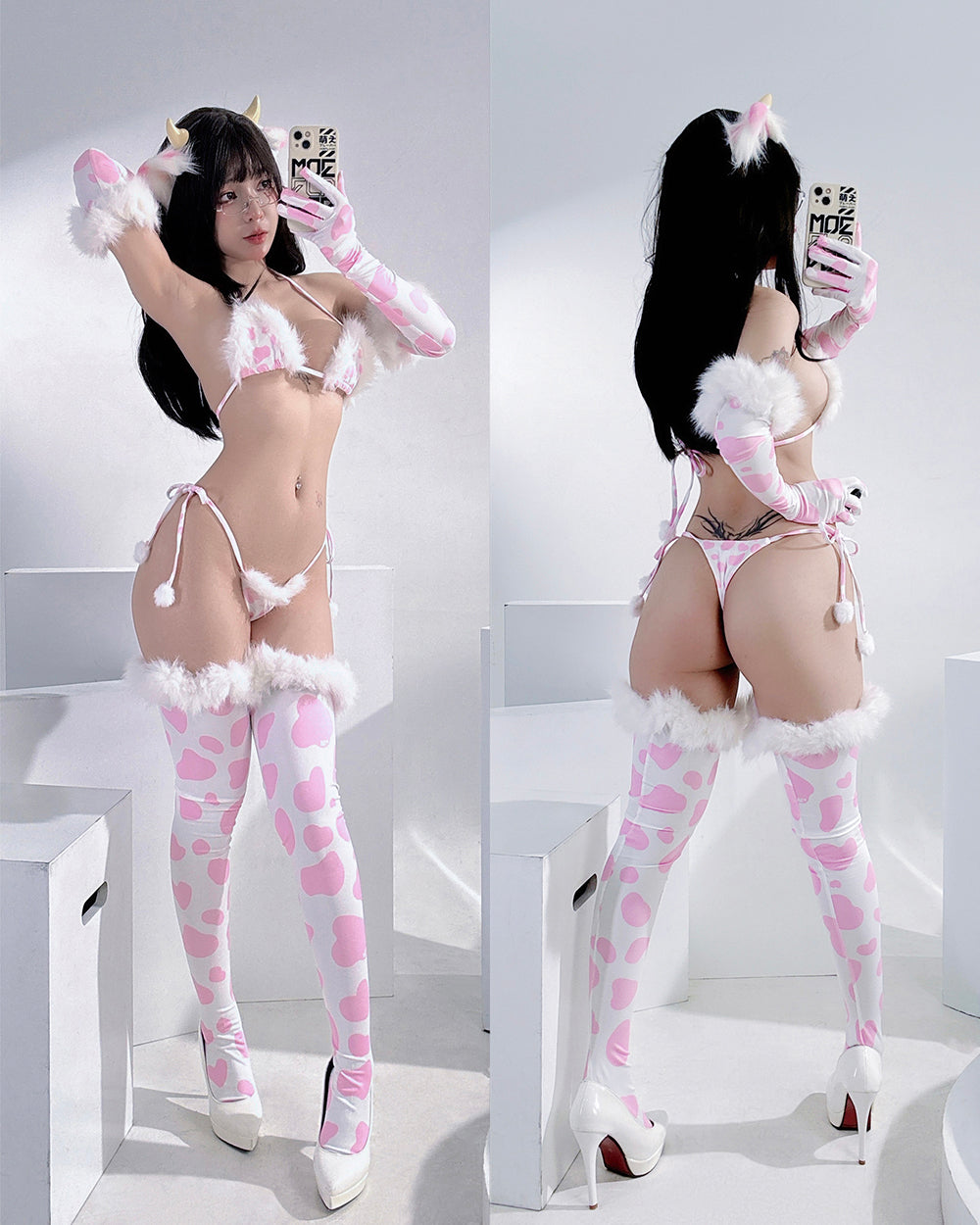 Kawaii Anime Plush Winter Cow Bikini by MOEFLAVOR, featuring a baby pink triangle top and pastel cow print bottoms with faux fur trim and playful pom poms. Stretchy and adjustable for a perfect fit.