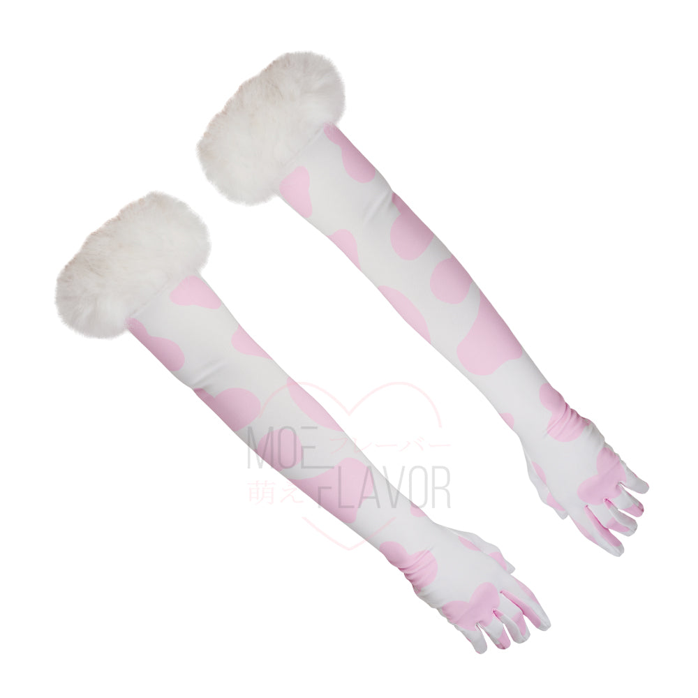 Winter Plush Cow Gloves by MOEFLAVOR, pastel pink cow print gloves with fluffy faux fur trim, adding a fun twist to winter fashion.